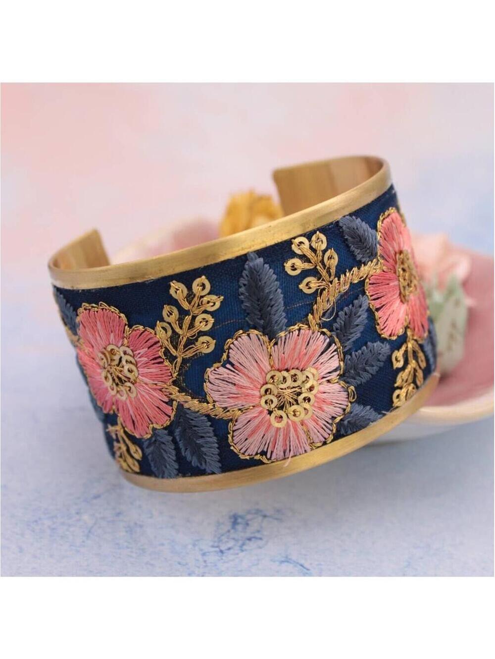 ZAD - Vintage Pink Blue Embroidered Cuff Bracelet